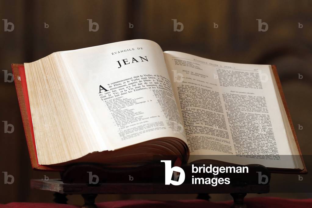 Open bible.  New testament.  John the Evangelist, the author of the fourth gospel.  France.  France.