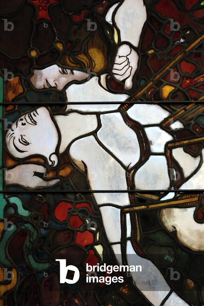 St Nicholas Cathedral, Stained glass window by Jozef Mehoffer, Saint Sebastian: an early Christian saint and martyr, Fribourg, Switzerland (photo)