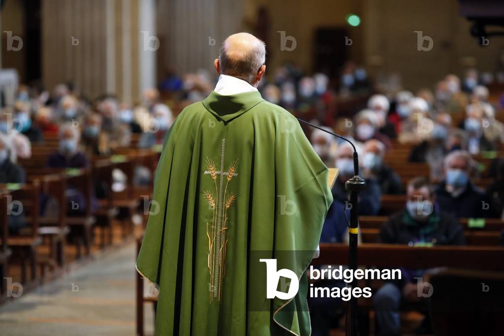 Catholic church during covid-19 epidemic. Mass celebration. Liturgy of the word.  Sallanches.  France.