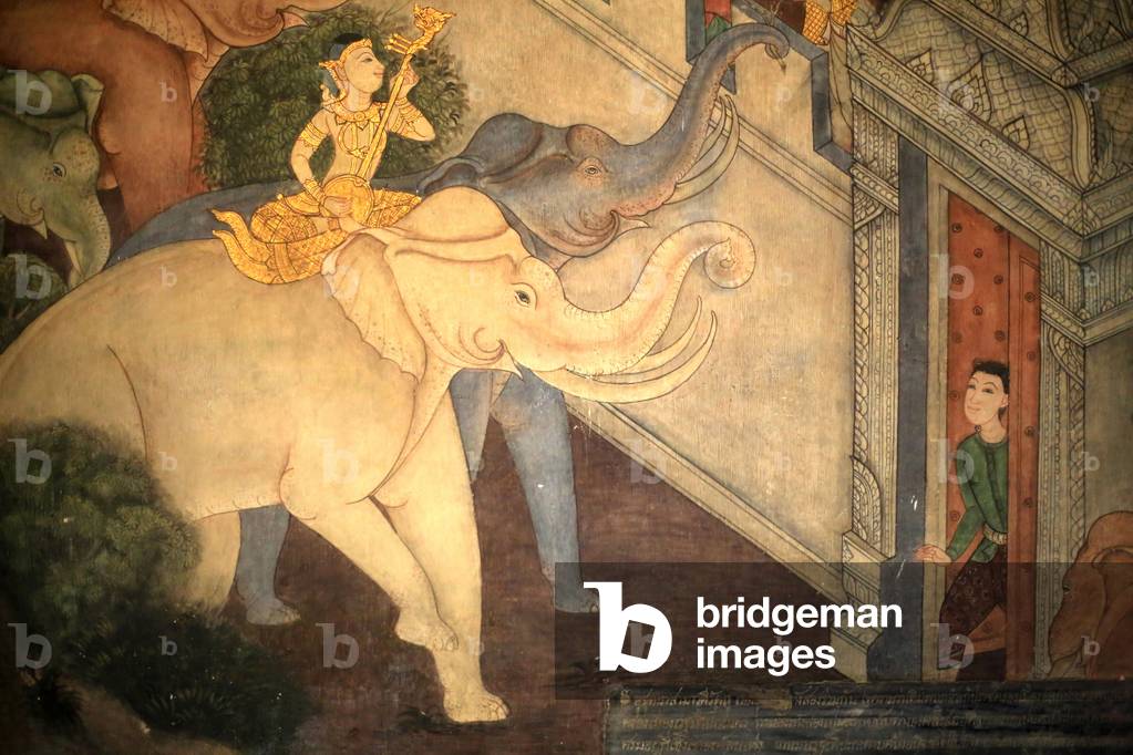 Prince Rama. Mural detail on inner walls of the Vihara from the era of king Rama III depicting the Ramakian. Wat Pho - Wat Phra Chettuphon. 1788. Bangkok. Thailand