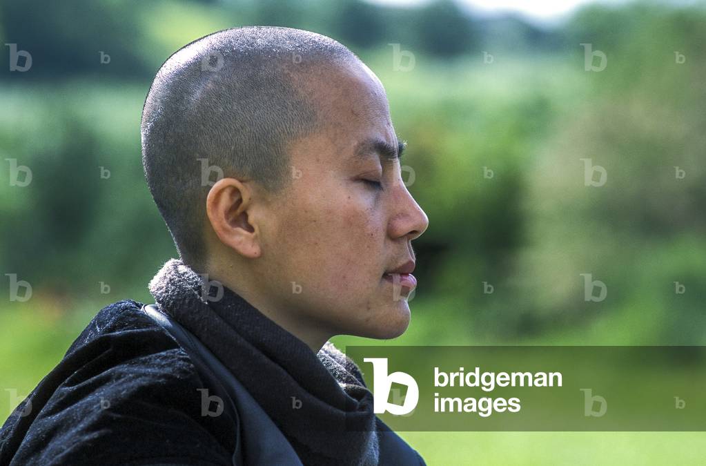 Nun meditating in Plum Village buddhist community, 2022 (photo)