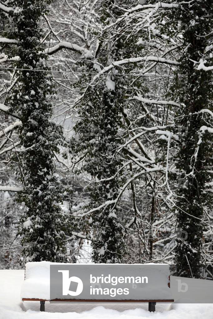Le Fayet Parc Thermal, Bench with snow, France (photo)