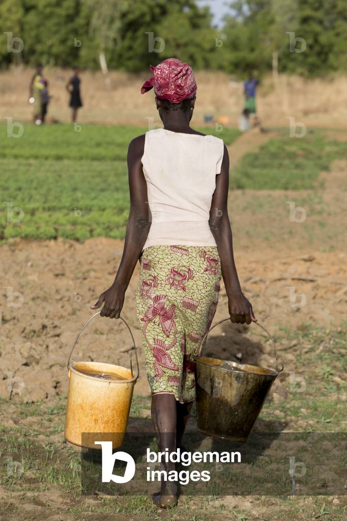 Member of a women's cooperative carrying buckets to water a field in Karsome, Togo (photo)