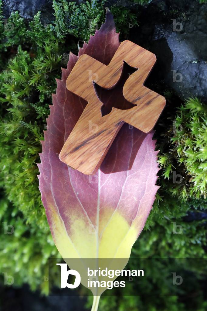 Wooden christian coss with Holy Spirit on autumn leaf.  France.
