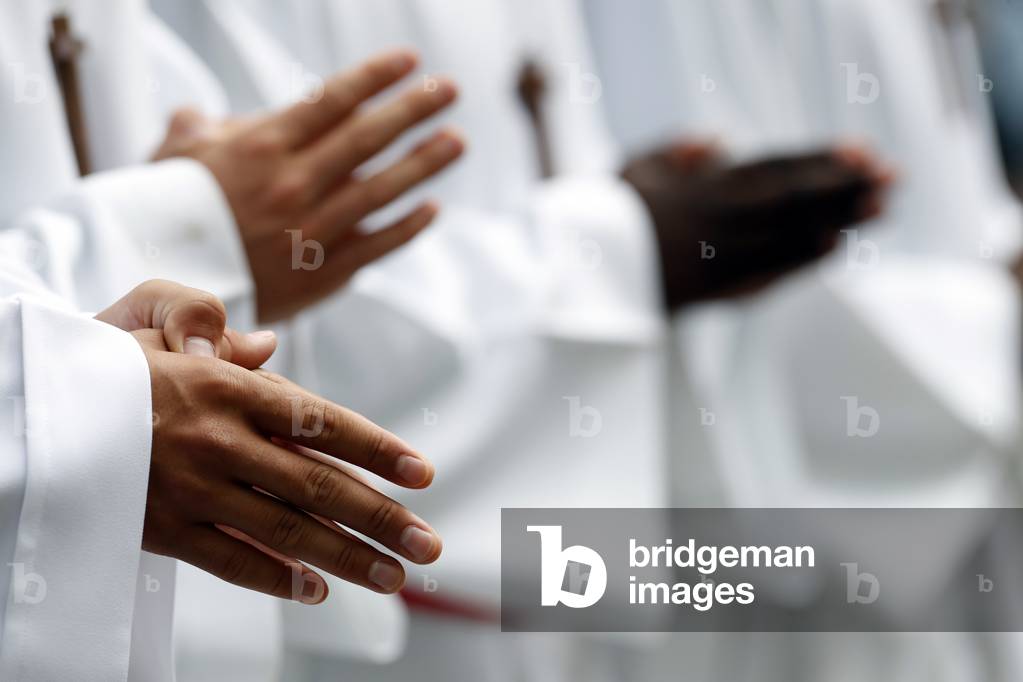 Catholic church during covid-19 epidemic. Celebration of the mass.  Sanctuary of La Benite Fontaine. France.