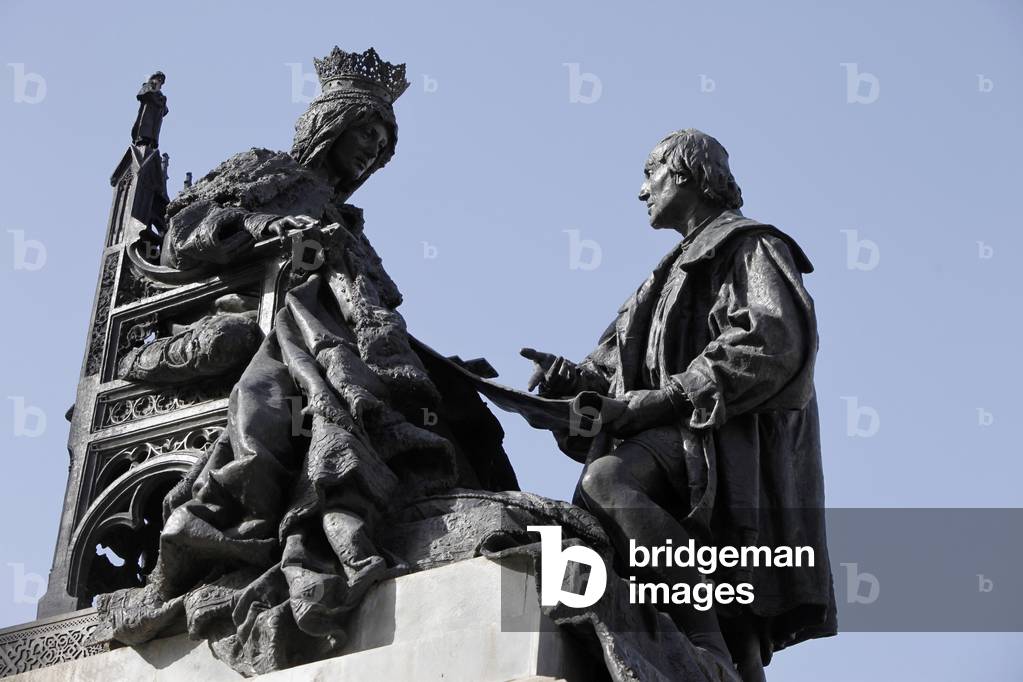 Statue on Isabel la Catolica square showing Queen Isabel granting Columbus petition to obtain ships and supplies. The statue was built in Rome in 1892 by Mariano Benlliure (1862-1947) Grenade Espagne