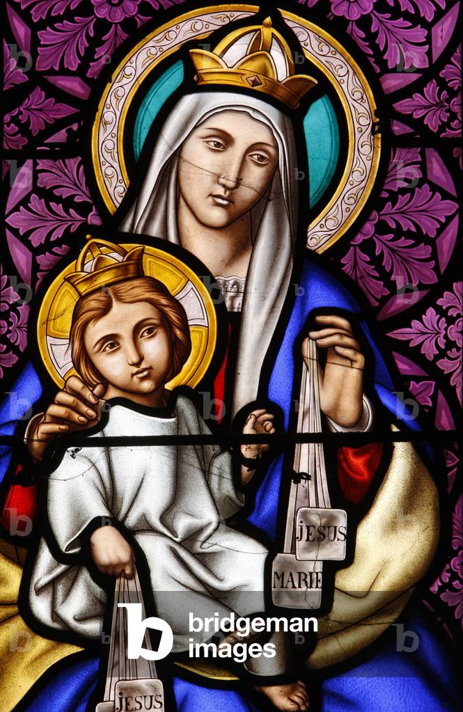 Stained glass in Pont L'Abbe church : Virgin and child on Mount Carmel, Pont L'Abbe, France