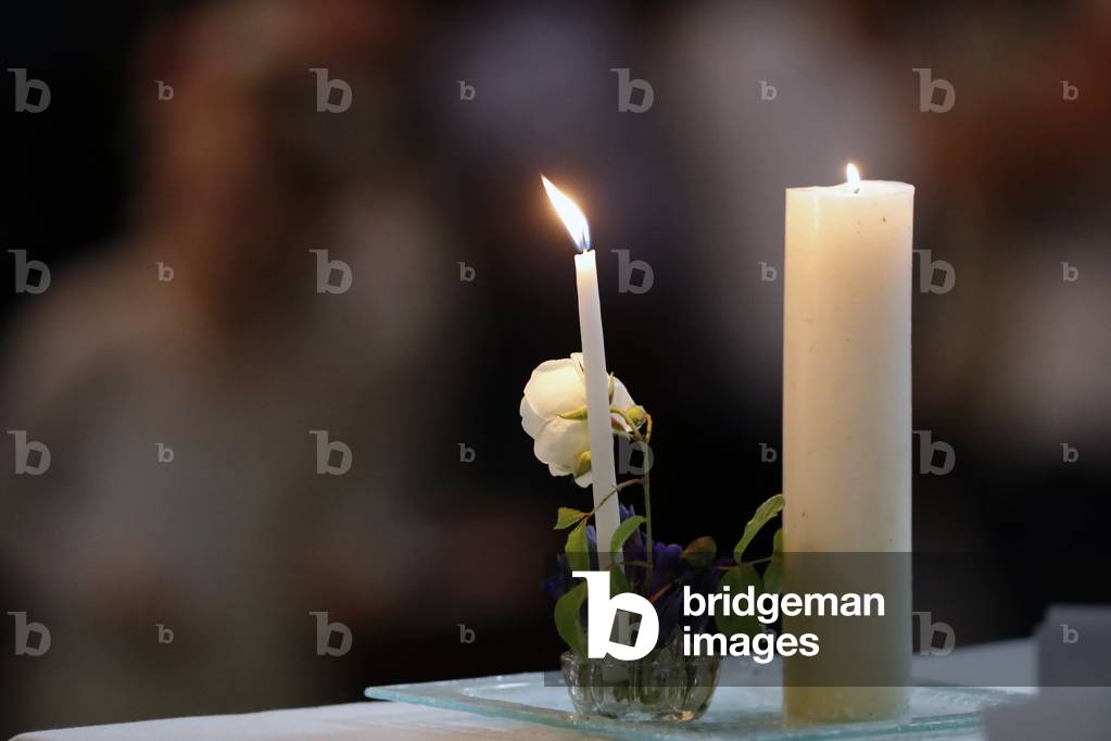 Catholic mass, Altar with 2 candles, Passy, France, 2019 (photo)