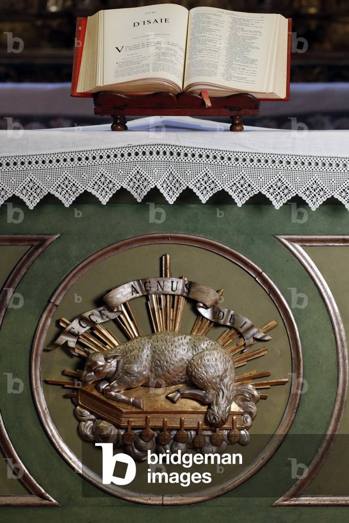 Notre Dame de l'Assomption de Cordon church.  Open bible.  Old testament.  Isaiah.  France.  France.