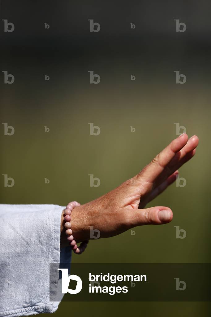 Woman practicing Qi Gong or Tai Chi exercise   in nature. Close up on hand. France.