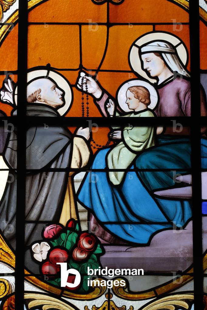 Sainte Catherine des Hopitaux Neufs church.  Stained glass window.  Saint Dominic receiving the Rosary from the Virgin.  France.