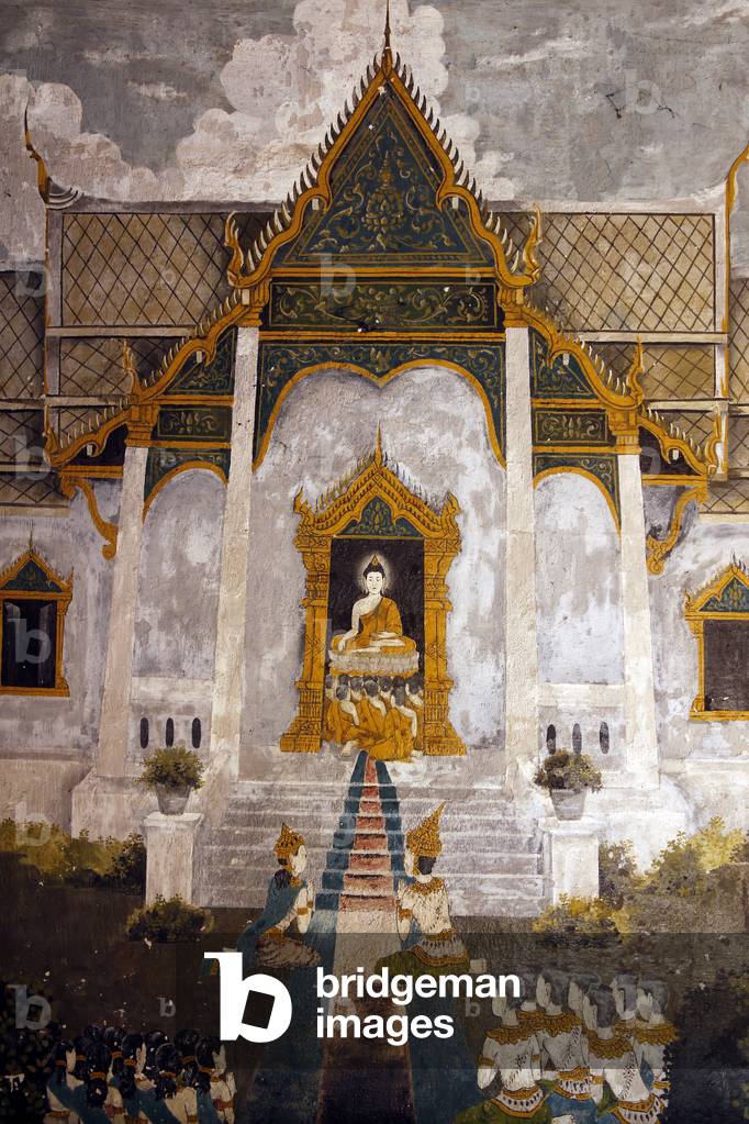 Fresco depicting a scene of the Buddha's life in Wat Phra Doi Suthep, Chiang Mai. Thailand (photo)
