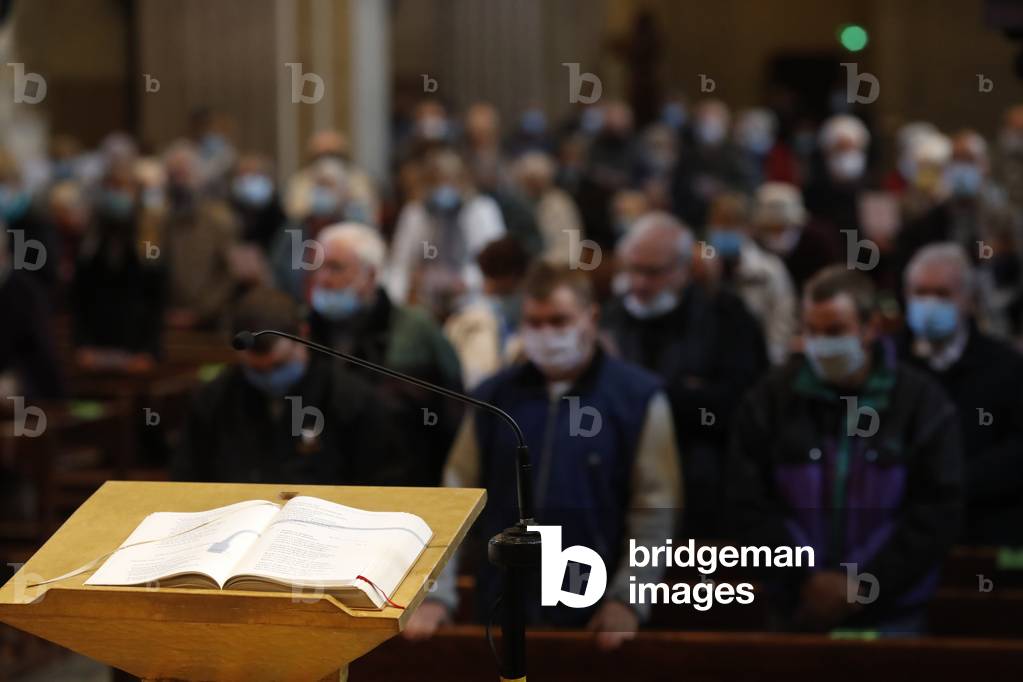 Catholic church during covid-19 epidemic. Celebration of the mass.  Ambon and book of gospels.  Sallanches.  France.