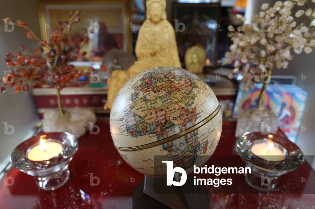 Tu An Buddhist temple. Altar with a map of the world. Saint-Pierre-en-Faucigny France