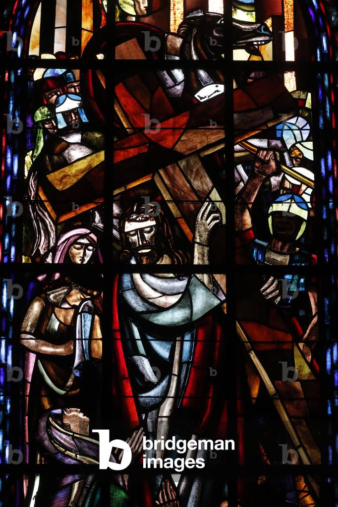 Cathedral of Notre Dame of Lausanne.  Stained glass window.  Passion of Christ. Jesus meets the woman of Jerusalem.  Switzerland.