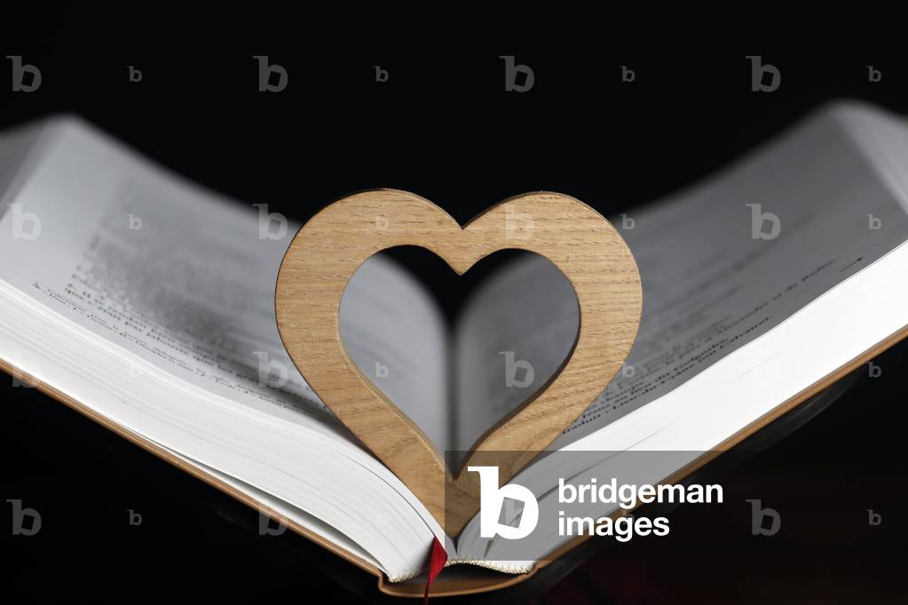 Wooden heart sculpture with a bible.  France.
