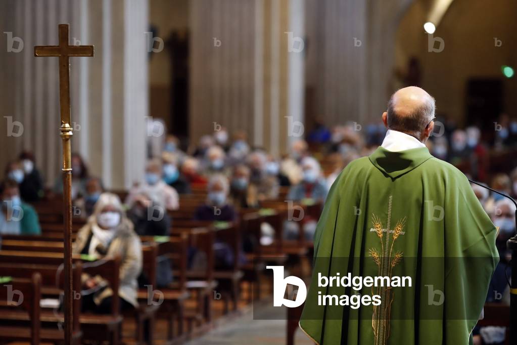 Catholic church during covid-19 epidemic. Mass celebration. Liturgy of the word.  Sallanches.  France.