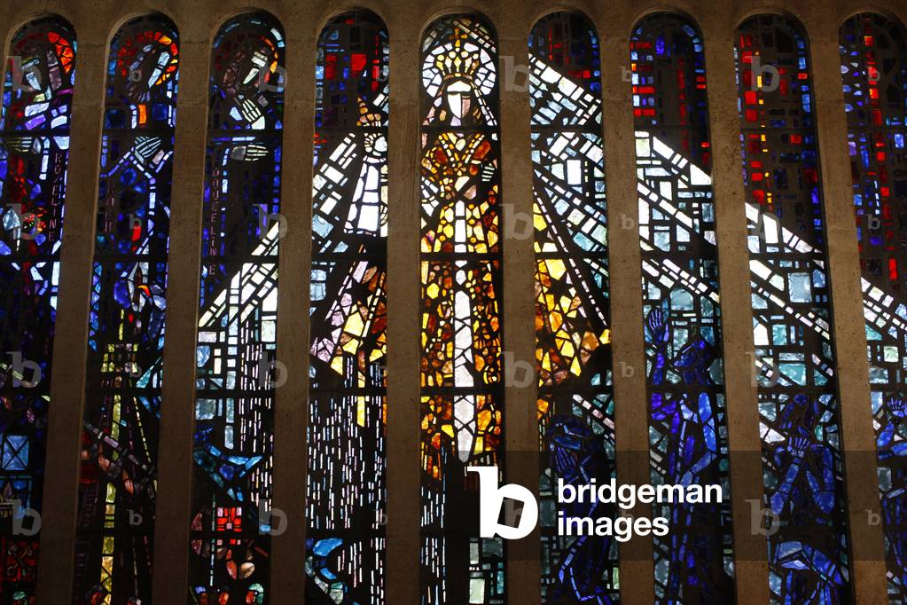 Mary stained glass in Notre-Dame de Consolation church by Gabriel Loire, Hyeres, France