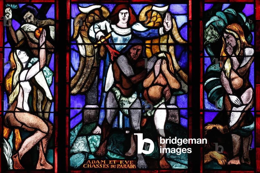 Cathedral of Notre Dame of Lausanne.  Stained glass window.  The mirrors of Charles Clément 1933 -1934. Adam et Eve chassé du Paradis.  Switzerland.