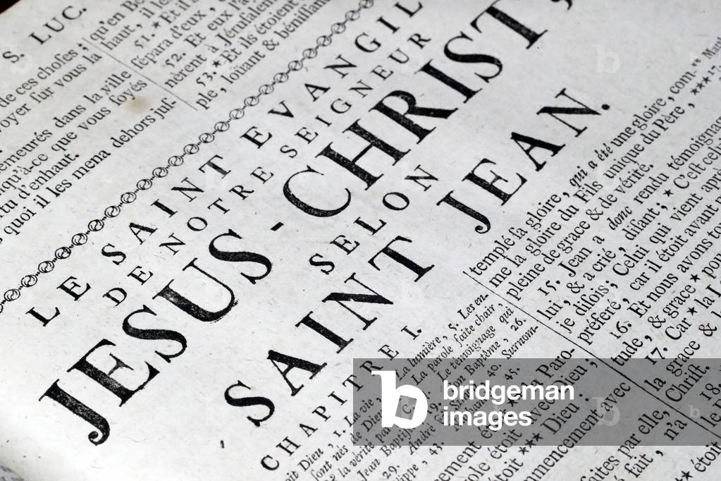 Old Bible in french, 18th century, NewTestament, The Gospel According to John, France (photo)