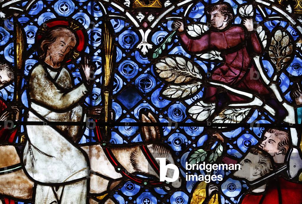 Our Lady of Strasbourg Cathedral. Stained glass window. Entry of Christ into Jerusalem. Palm sunday. 14 th century. Strasbourg. France.