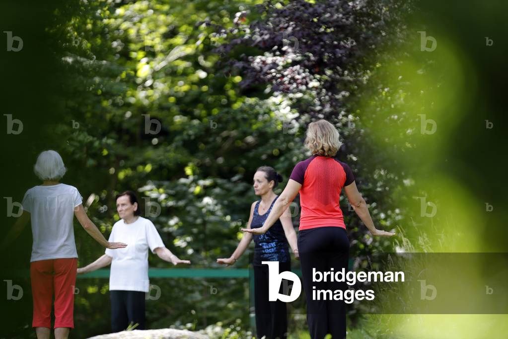 Women practicing Qi Gong or Tai Chi exercise in a wellness course in nature.  France.