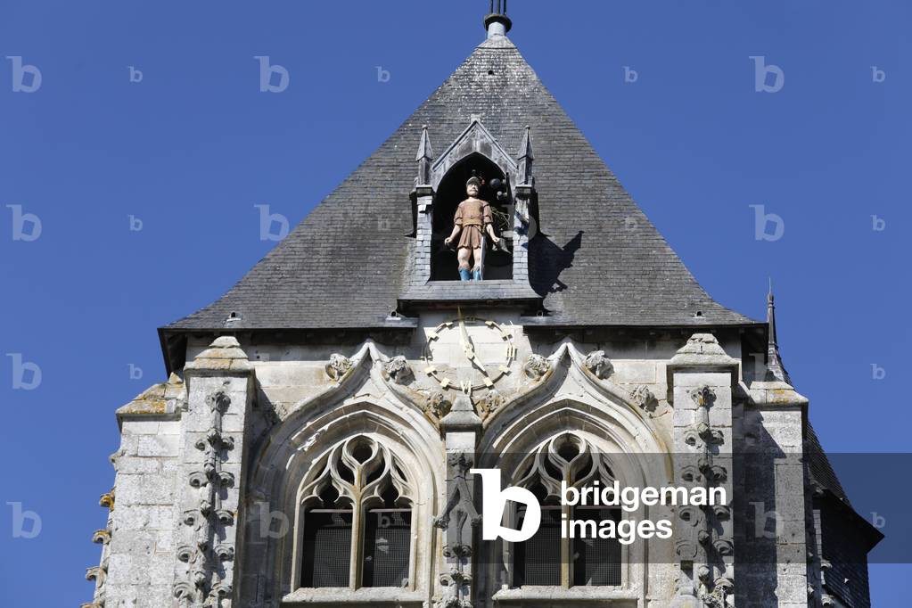 St Nicolas's church, Beaumont le Roger, Eure, France, Clock tower with an automated figure, 2020 (photo)