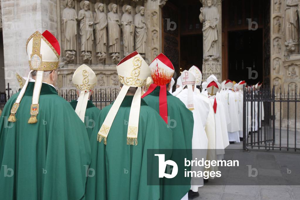 European bishops' procession into Notre Dame de Paris cathedral, Paris, France