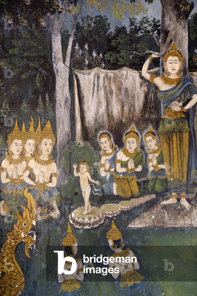 Fresco depicting a scene of the Buddha's life in Wat Phra Doi Suthep, Chiang Mai. Thailand. Buddha as a child.