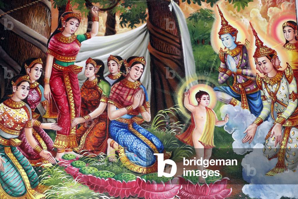Painting depicting the life story of Shakyamuni Buddha. Birth of Buddha in the Lumbini grove. Kep.  Cambodia.  (photo)
