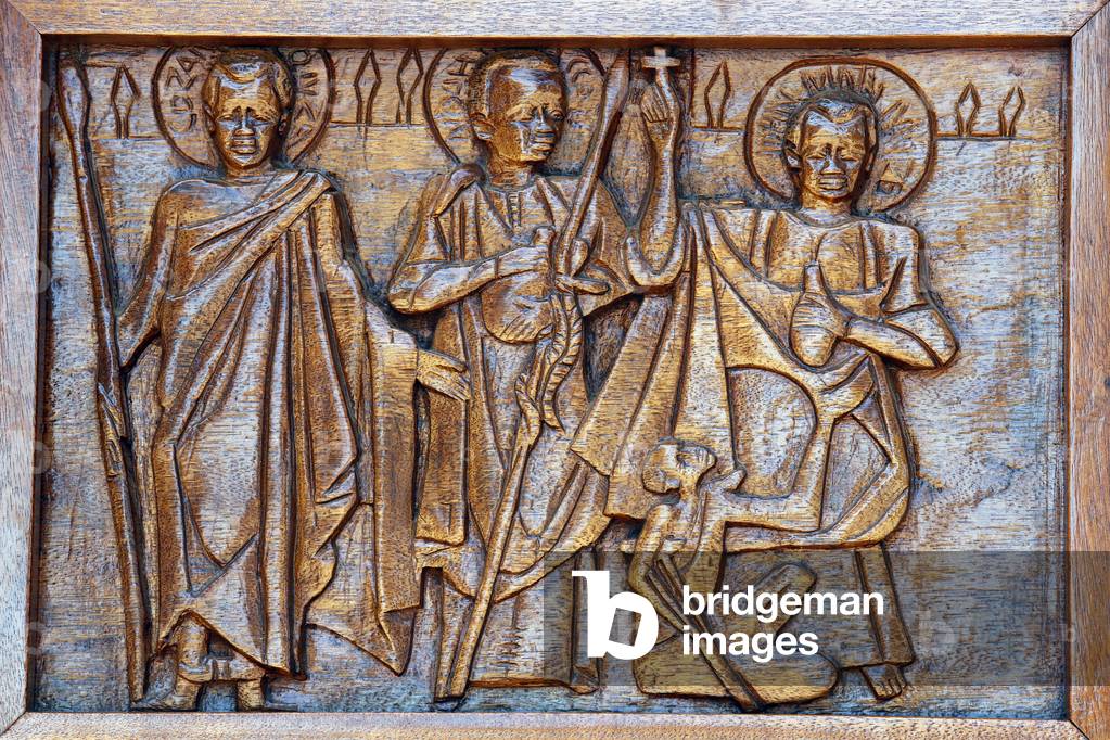 Namugongo catholic martyrs' shrine, Kampala. Church door relief, 20160217, Kampala, Uganda
