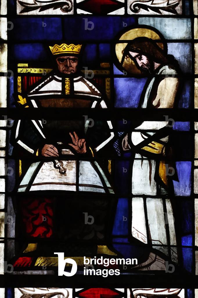 Romainmotier Abbey Church.  Stained glass window.  Way of the cross. Jesus is condemned to death. Switzerland.