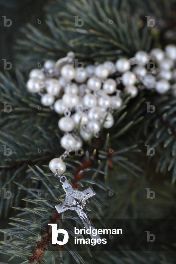 Catholic rosary on  fir tree branches.  France.