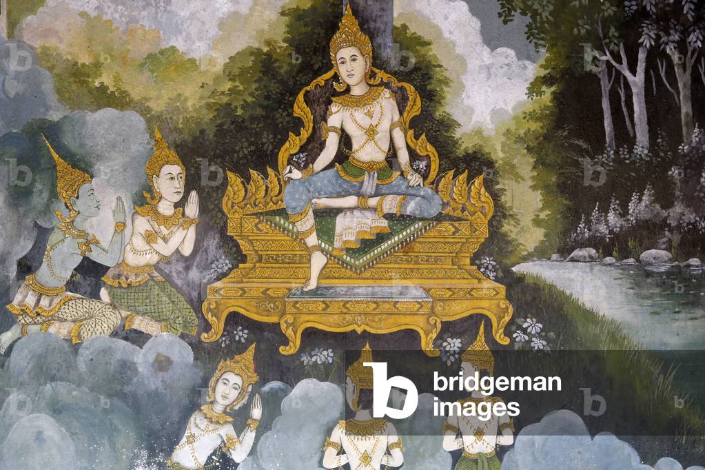 Fresco depicting a scene of the Buddha's life in Wat Phra Doi Suthep, Chiang Mai. Thailand (photo)