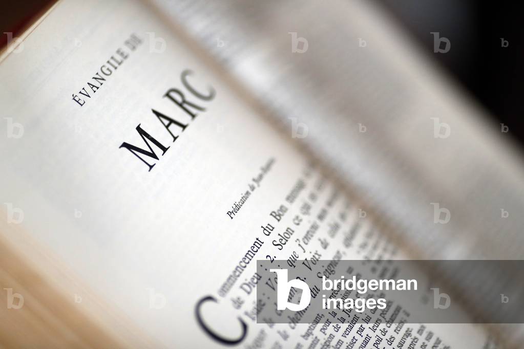 Open bible.  New testament.  Mark the Evangelist, the author of the second gospel. France.  France.