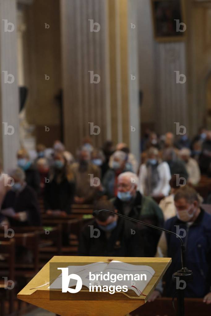 Catholic church during covid-19 epidemic. Celebration of the mass.  Ambon and book of gospels.  Sallanches.  France.