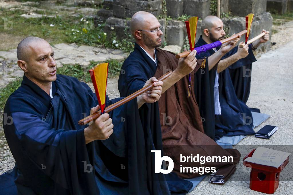 Zen buddhist master ordination (transmission) ceremony in the ruins of the former abbey at Orval Trappist monastery, Orval, Belgium