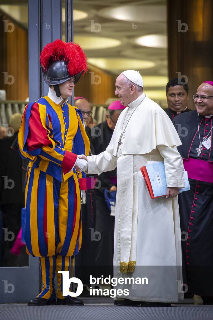Pope Francis shakes hands with a Swiss Guard at the New Hall of the Synod in the Vatican, 2018 (photo)