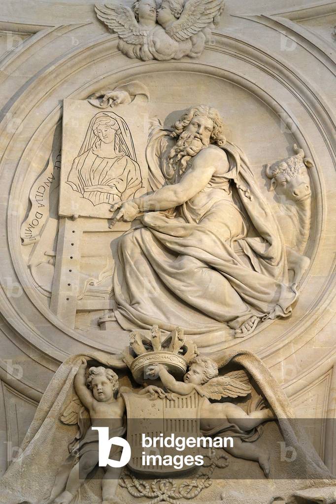 Notre-Dame du Val-de-Grace catholic church, Paris, France, Holy sacrament chapel, Relief depicting St Luke, (photo)