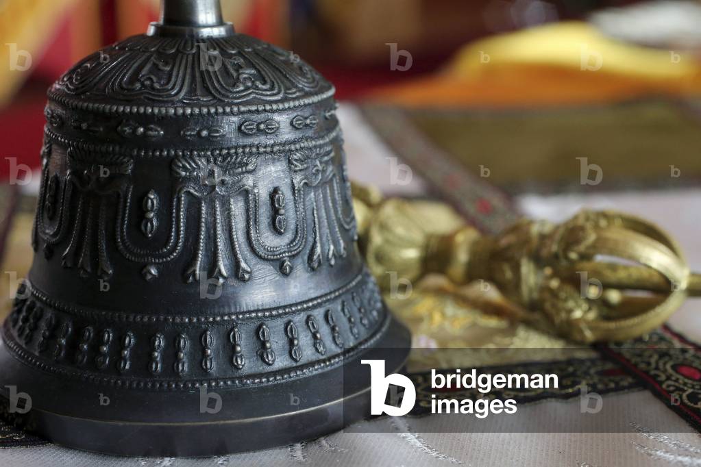 Mont Saleve, Haute-Savoie, France, le 1/8/2015 - Shedrub Choekhor Ling monastery. Bell (ghanta) and vajra.