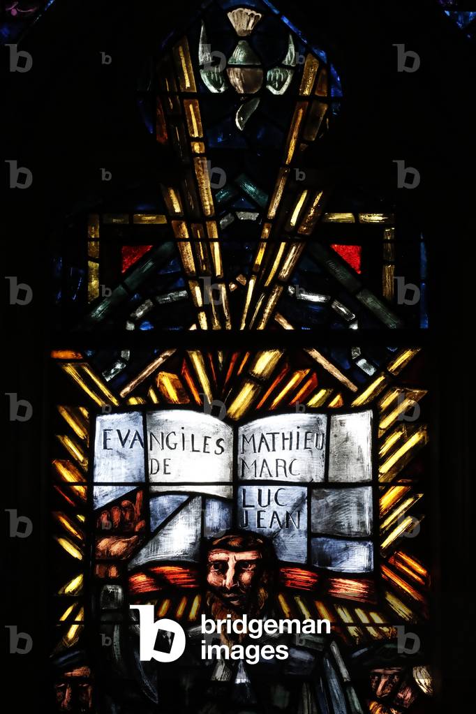 Cathedral of Notre Dame of Lausanne.  Stained glass window.  The four gospels of the four evangelists.  Switzerland.