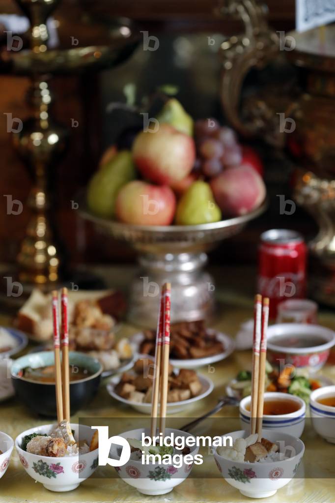 Tu An Buddhist temple. Ancestor altar. Vegetarian offerings.  France.