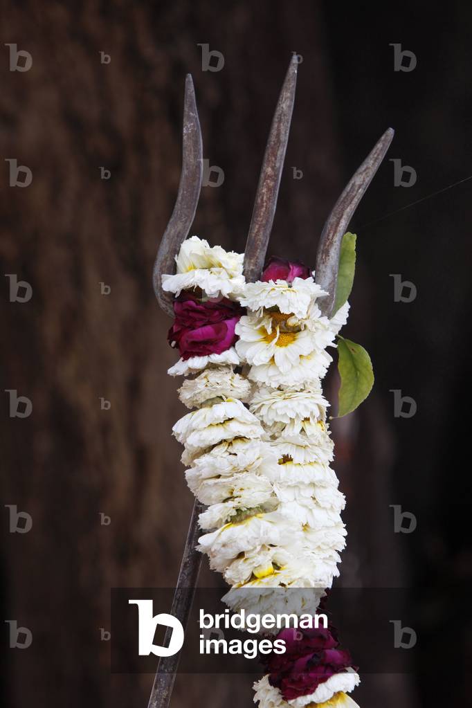 Shiva trishula (trident) in a Hardwar ashram, Haridwar, India