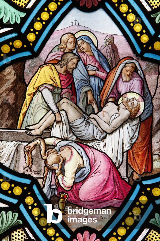 Shrine of Our Lady of la Salette Stained glass window Jesus taken from the cross, La Salette, France