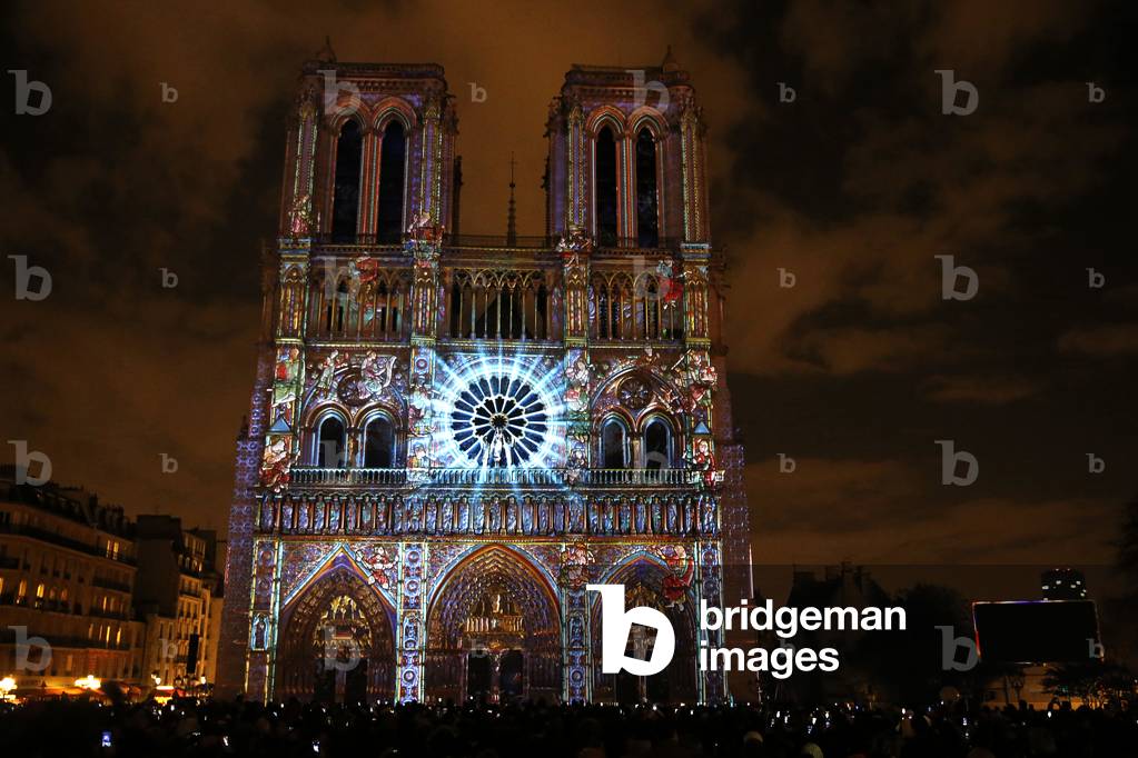 Sound and light show at Notre Dame de Paris cathedral, France (photo)