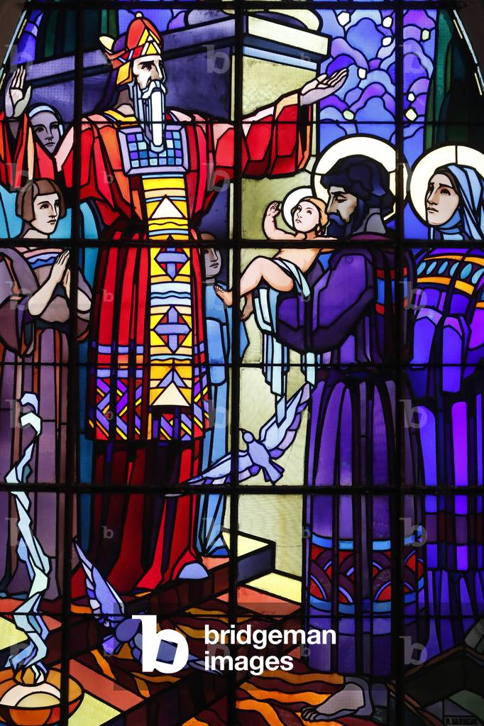 Saint-Joseph church, Presentation of Jesus at the Temple Stained glass window by Raphael Lardeur, Chedde, France (photo)