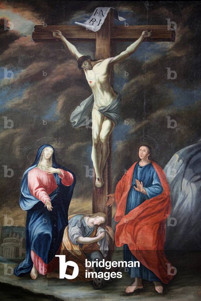 Our Lady of Assumption church. Crucifixion painting Cordon France