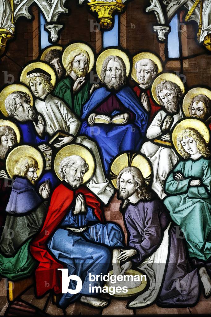 Oeuvre Notre-Dame Museum, Stained glass window, Christ Washing the Feet of the Apostles, 15 th century, Strasbourg, France (photo)