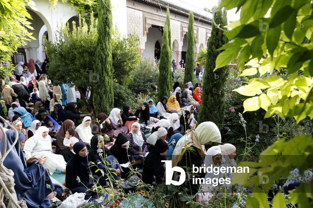 Muslims at the Paris Great Mosque on Aid El-Fitr festival, Paris, France