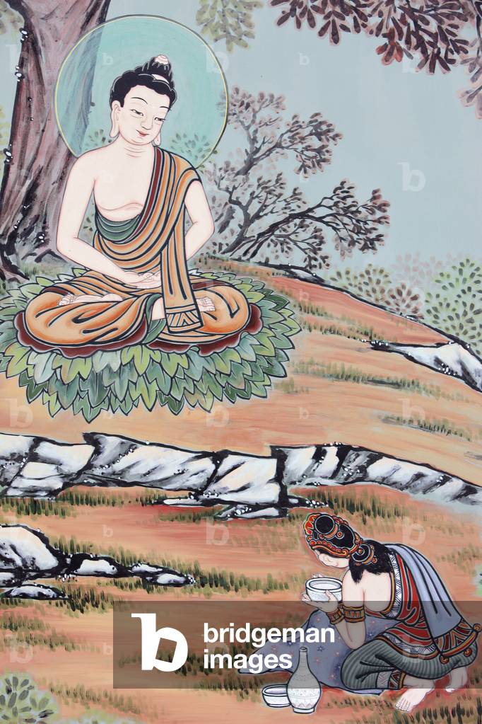 Immagine di Dipinto "Vita di BuddhaUna giovane donna ha offerto al futuro Buddha una ciotola di riso e latteLo